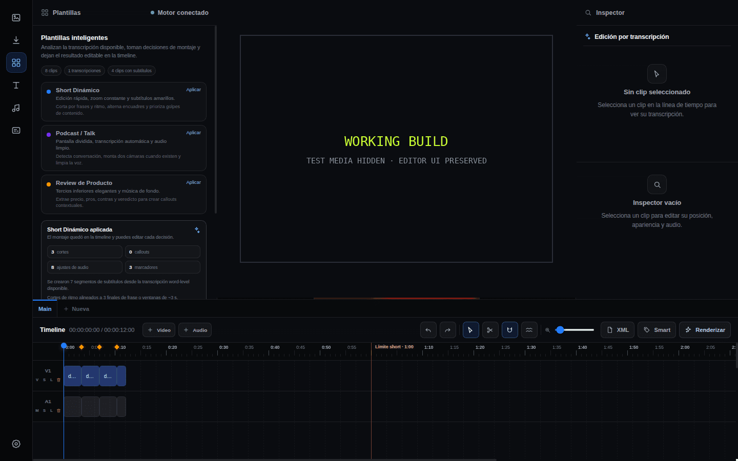 ShortDriGo working editor showing transcript-driven templates, timeline controls and render actions